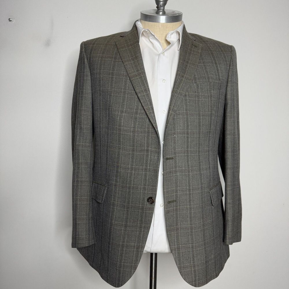 Jos A Bank Traditional Fit Blazer Sport Coat 44L Mens Check Brown Wool Silk